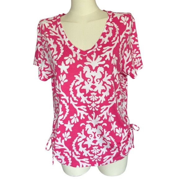 Caribbean Joe Petite Pink V-Neck Short Sleeve Pullover Top Women's Petite Large - Picture 1 of 8